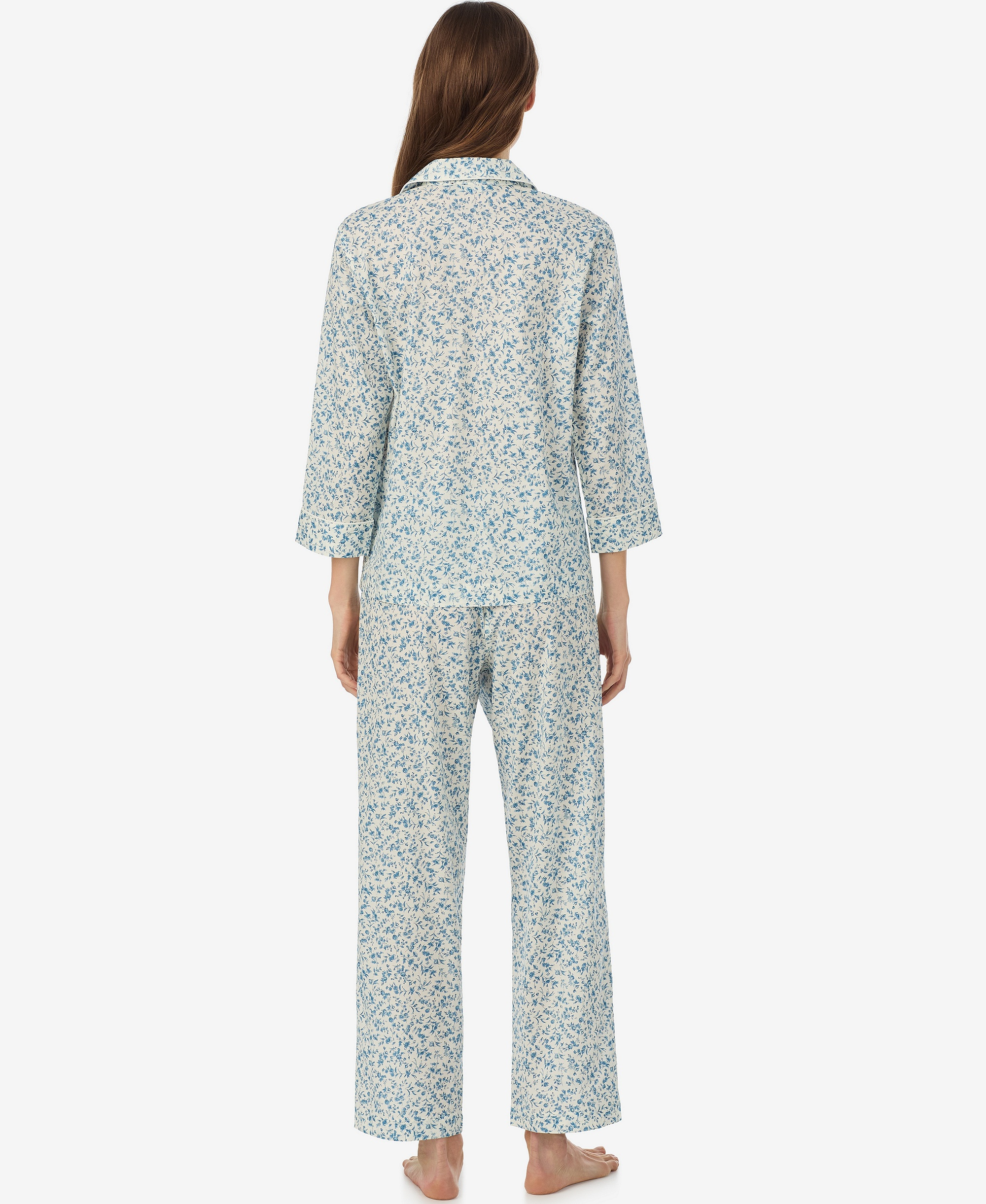 Lauren Ralph Lauren Women's Notch Collar Top and Ankle-Length Pajama Pants, 2-Piece Set - Ivory Blue Floral