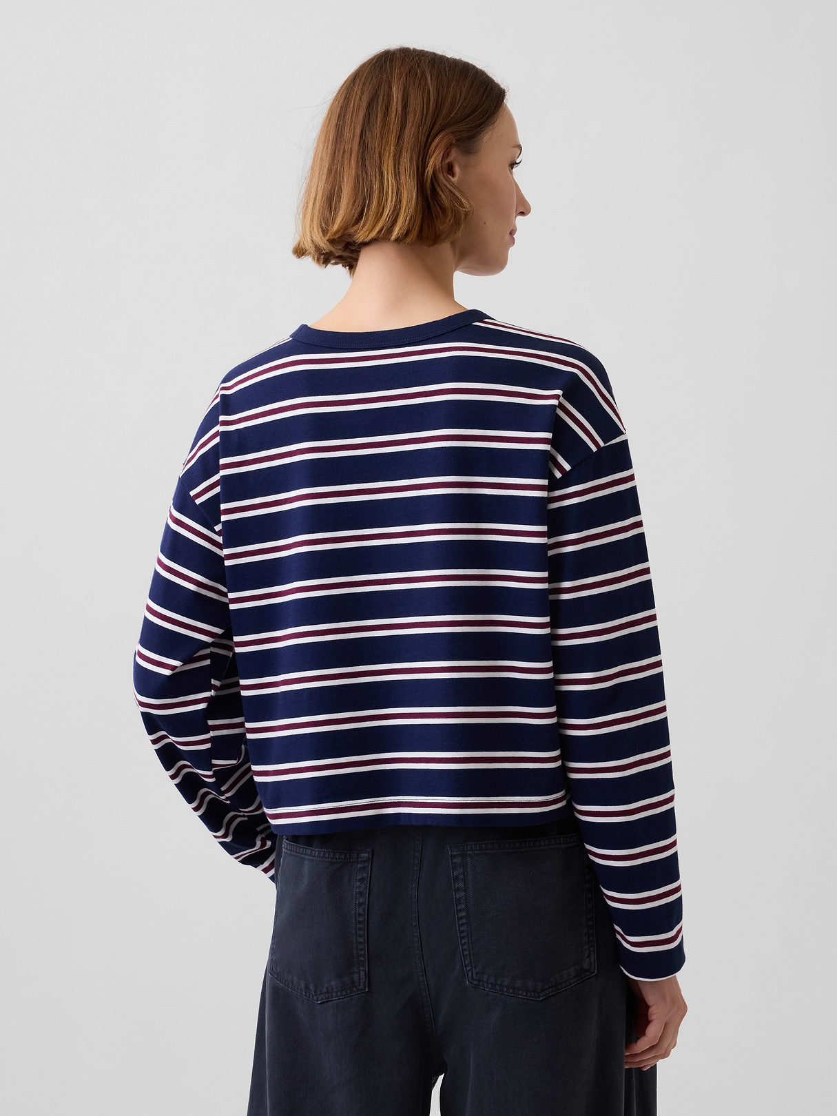 Knit Oversized Crop T-Shirt - White & navy blue stripe