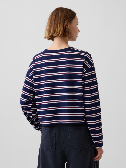 Knit Oversized Crop T-Shirt - White & navy blue stripe