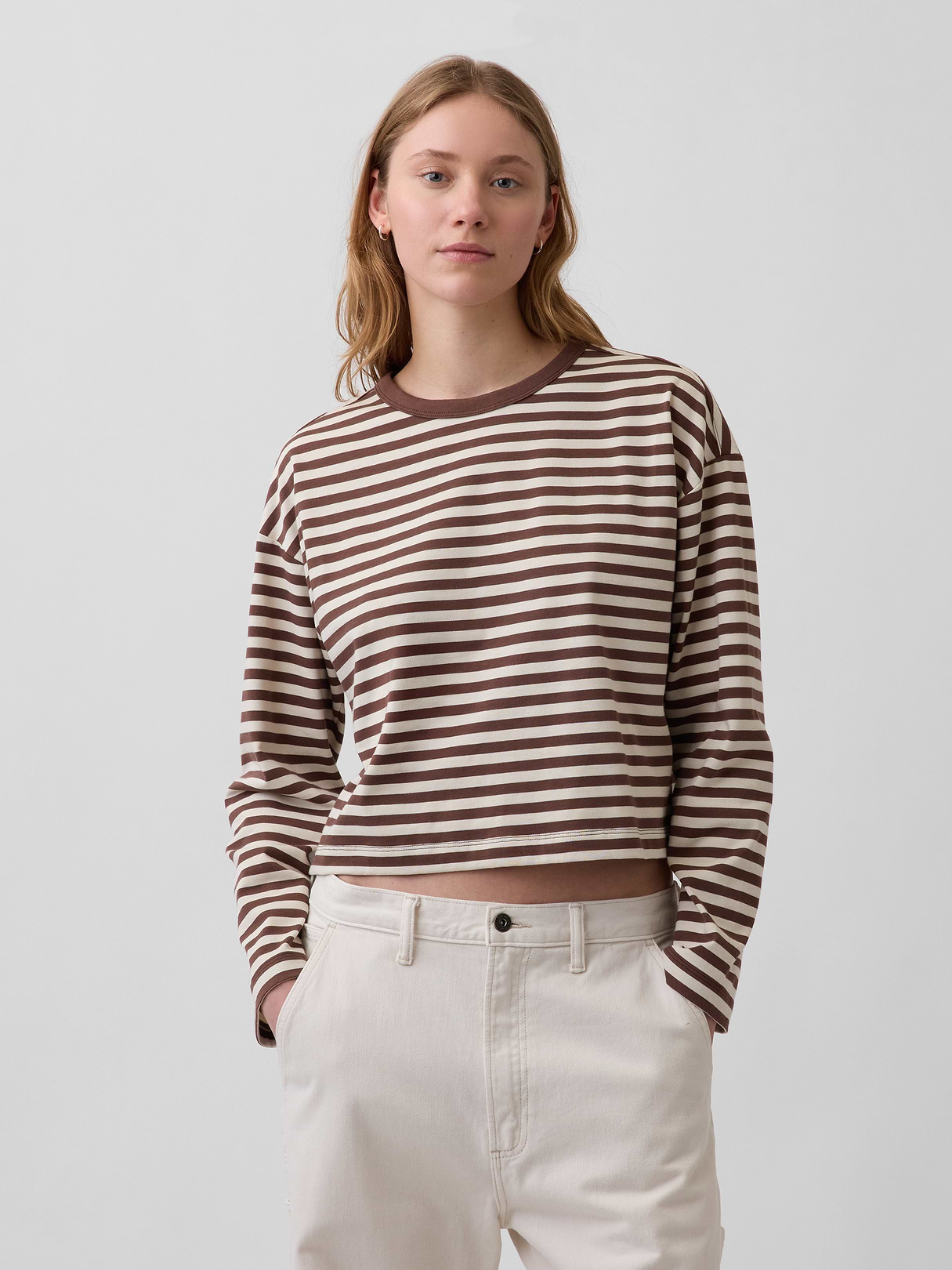 Knit Oversized Crop T-Shirt - Brown stripe