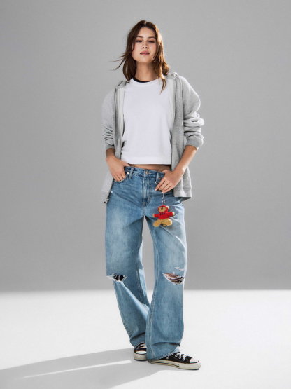 High Rise Khaki Stripe Barrel Jeans - Light indigo destroy