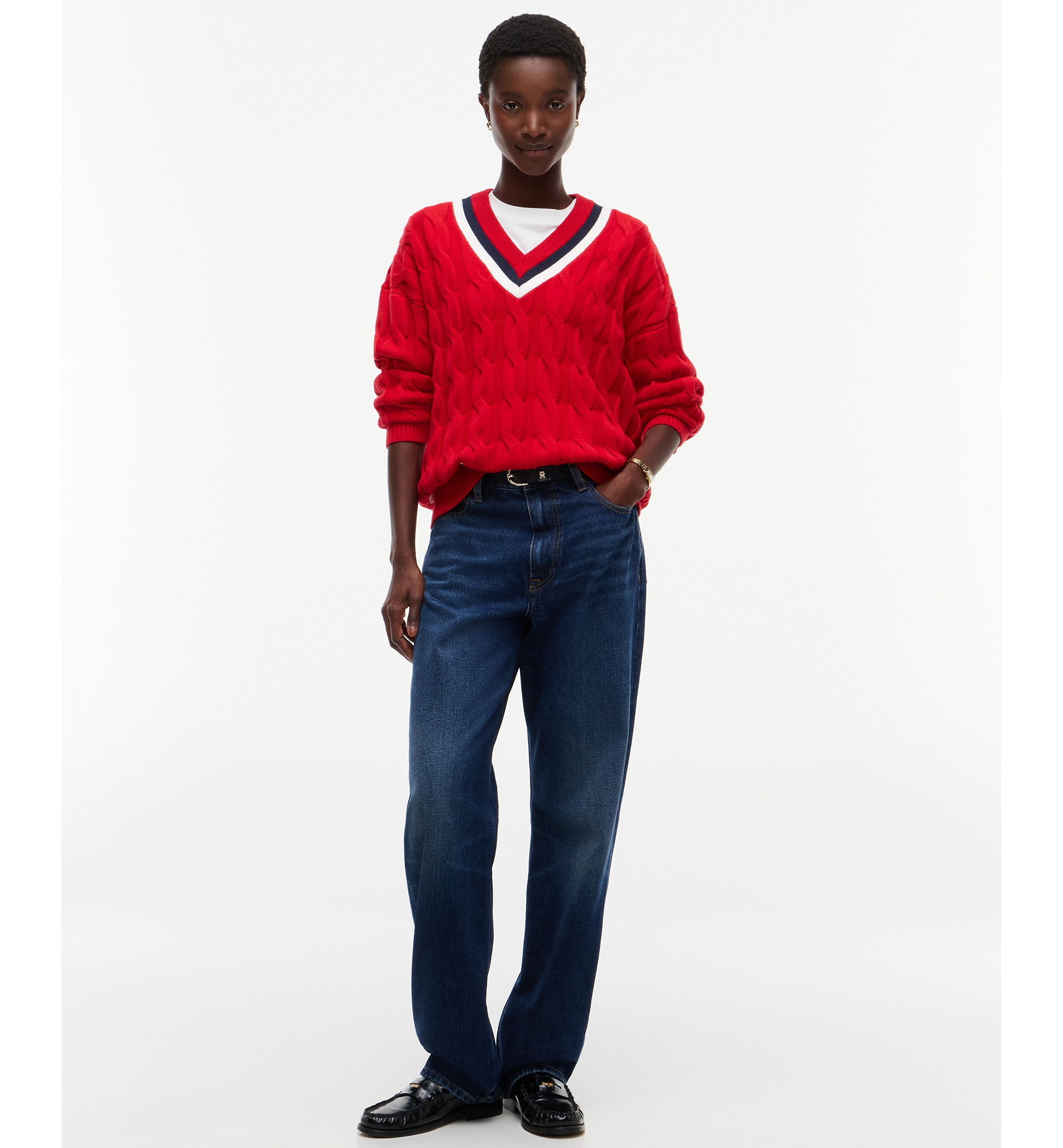 Tommy Hilfiger Women's Cricket Cable-Knit V-Neck Oversized Sweater - Red