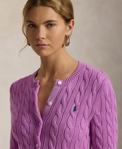 Polo Ralph Lauren Women's Cable-Knit Cotton Crewneck Cardigan Sweater - Thistle Pink