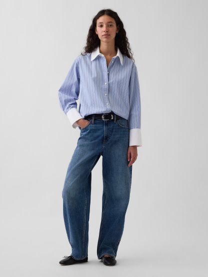 Organic Cotton Poplin Stripe Big Shirt - Light blue stripe