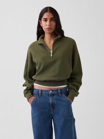 Textured Cotton Oversized Half-Zip Pullover - Olive green