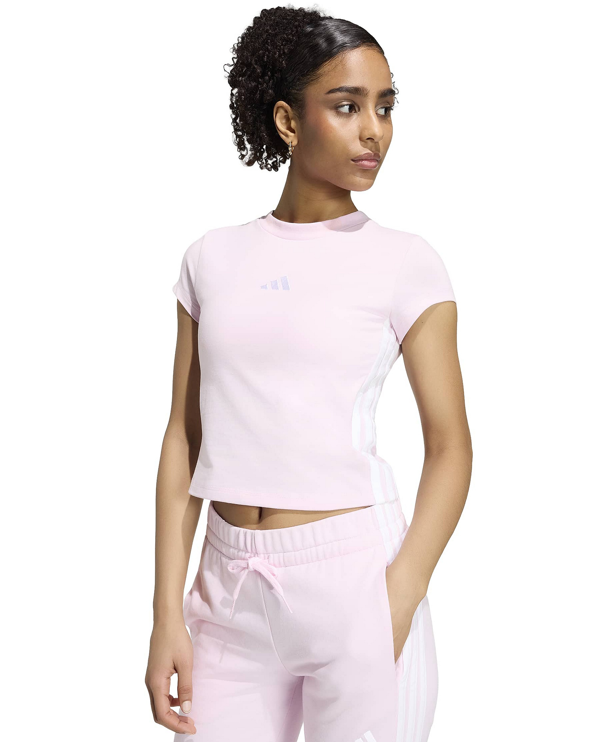 adidas Women's Essentials 3-Stripes Padded Slim Baby Cotton-Blend T-Shirt - Clear Pink/white