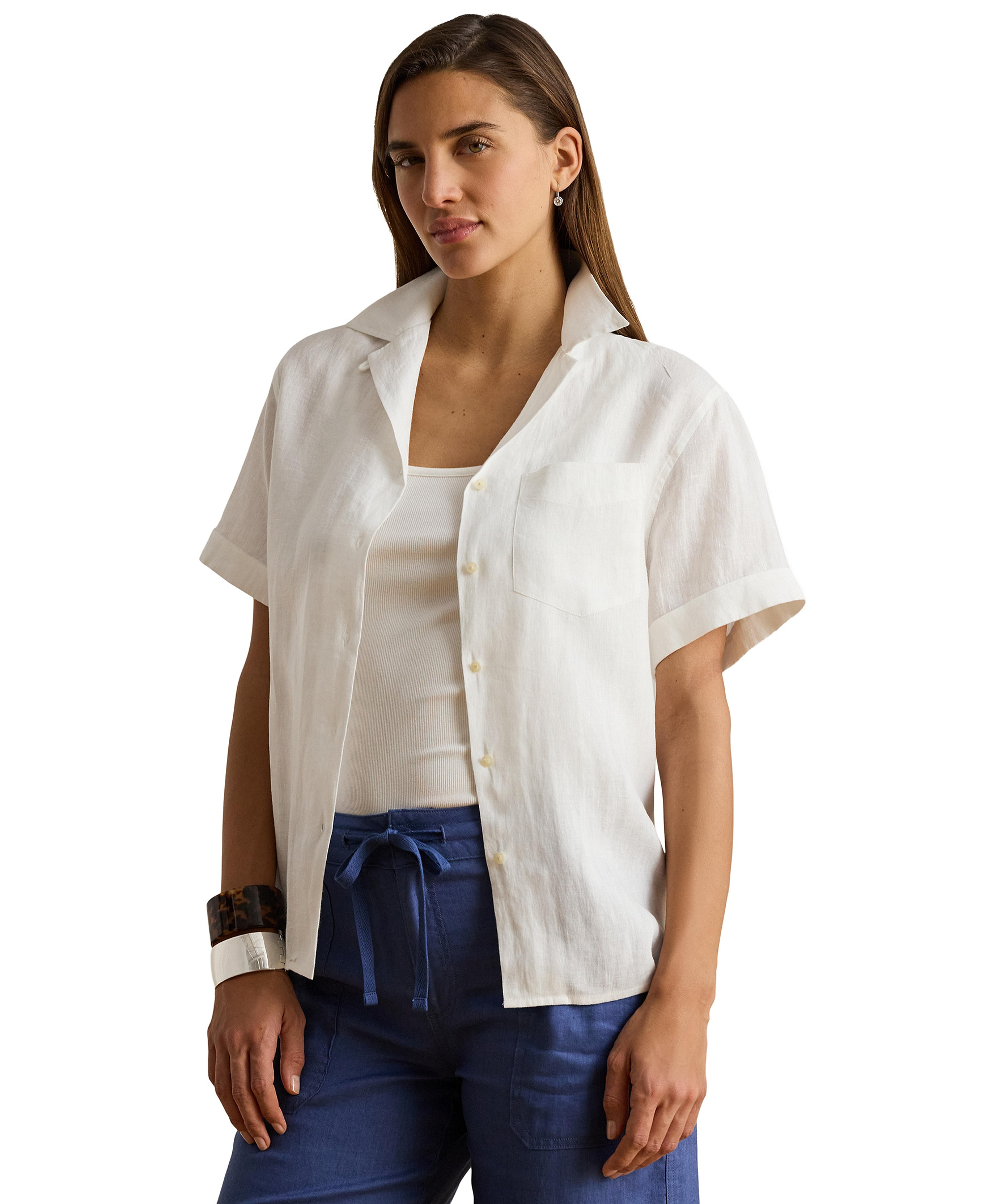 Lauren Ralph Lauren Women's Linen Short-Sleeve Camp Shirt - White