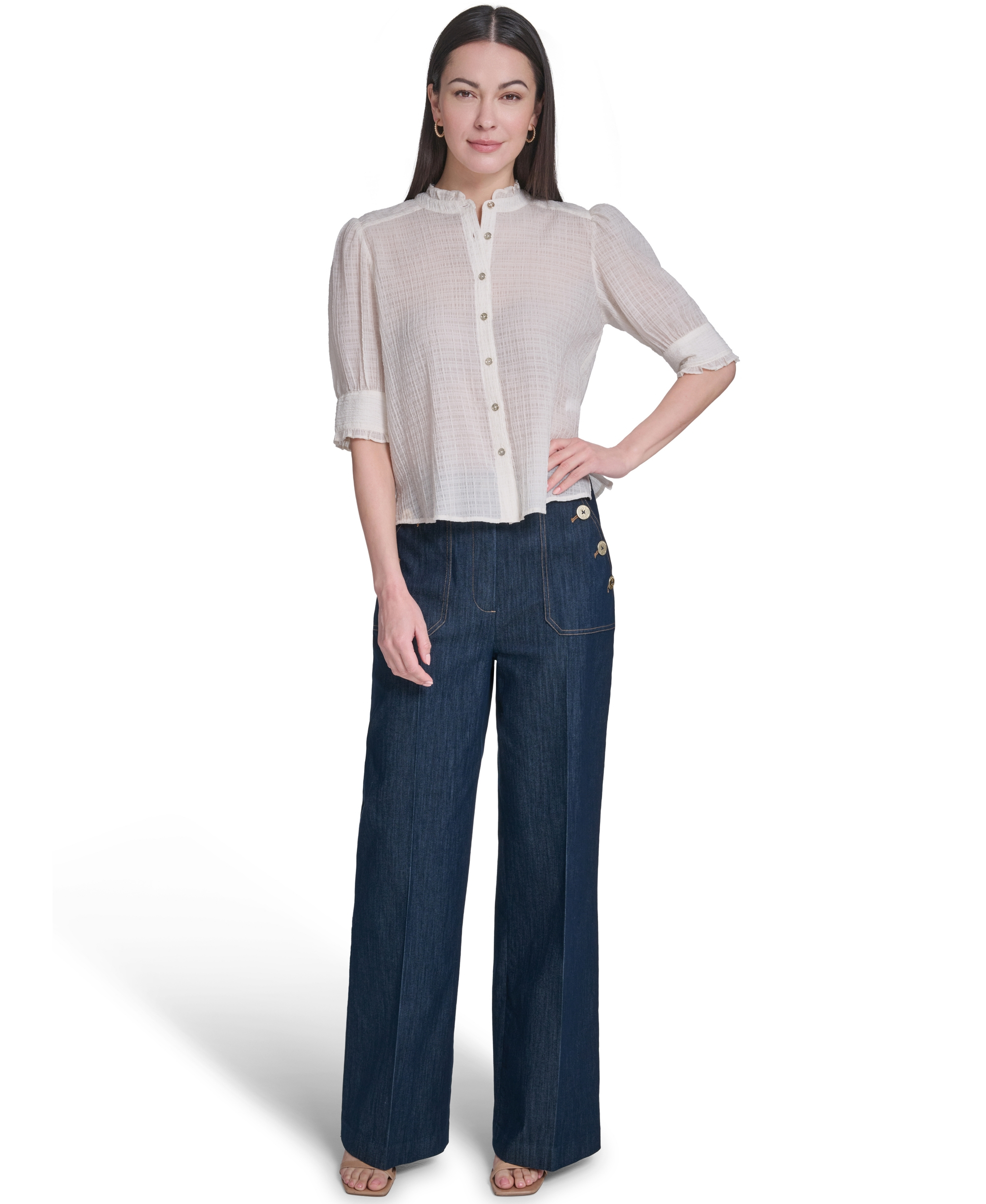 Tommy Hilfiger Women's Puff-Sleeve Button-Front Top - Ivory