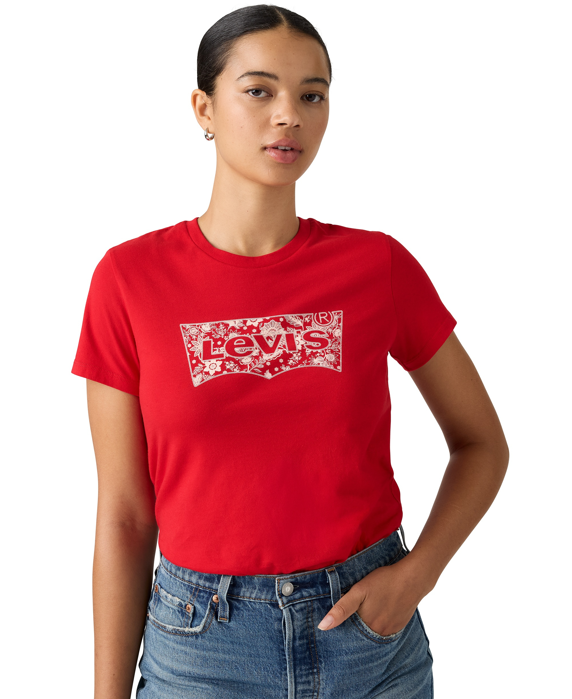 Levi's Women's Perfect Graphic Logo Cotton T-Shirt - Floral Bandana Bw True Red