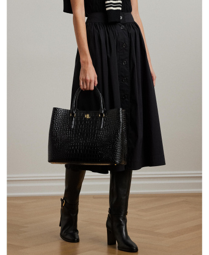 Lauren Ralph Lauren Marcy Large Embossed Satchel Bag - Black/Gold