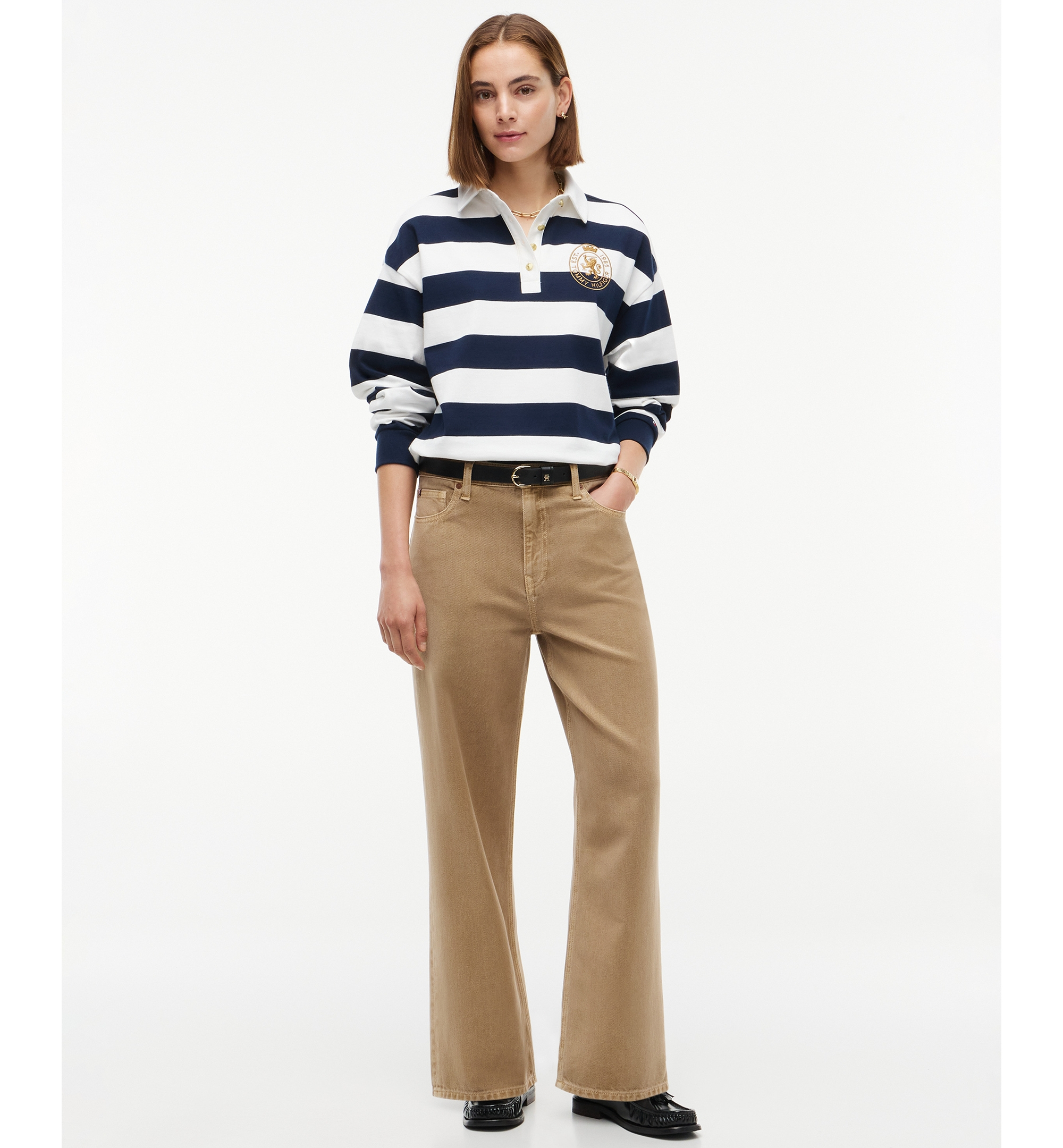 Tommy Hilfiger Women's Long-Sleeve Rugby Polo Sweatshirt - Rugby Stripe Dark Blue / Ecru