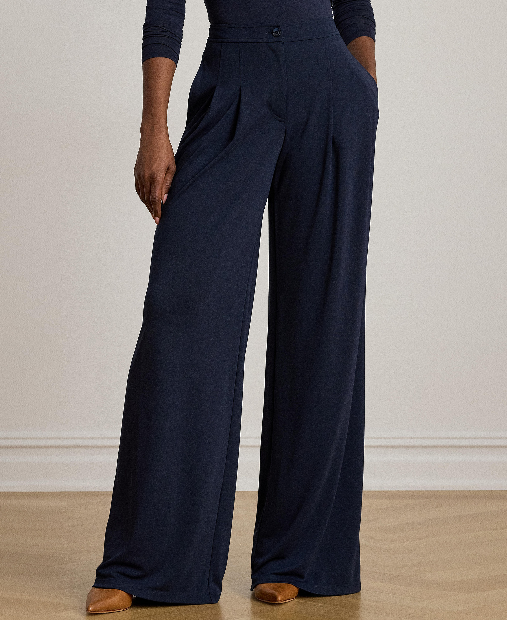 Lauren Ralph Lauren Women's Pleated Stretch Jersey Wide-Leg Pants - Lauren Navy