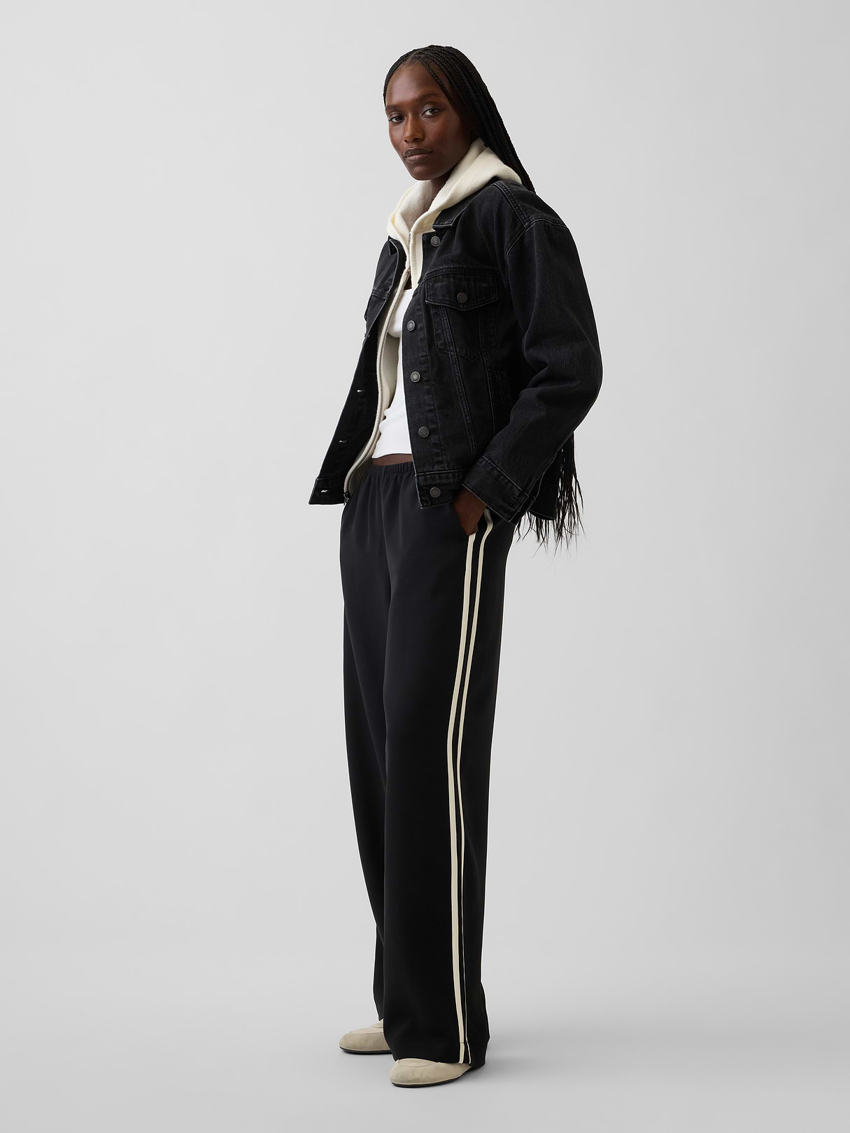 Easy Wide-Leg Pants - Black with off white stripe