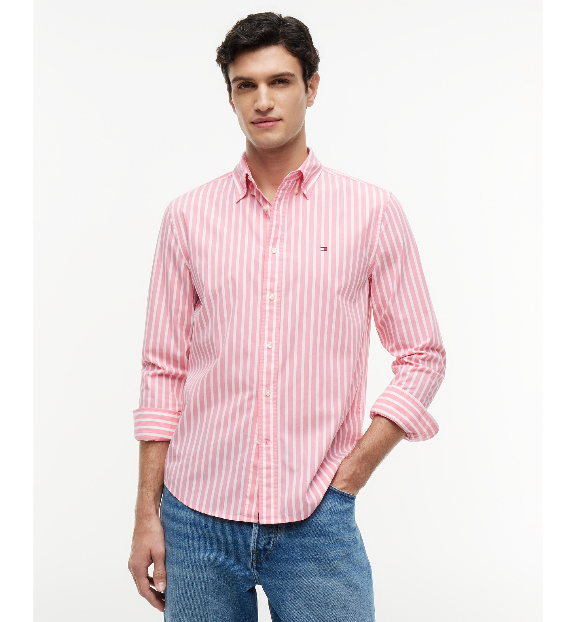 Tommy Hilfiger Regular-Fit Men's Flex Poplin Stripe Shirt - Pink / Stripe