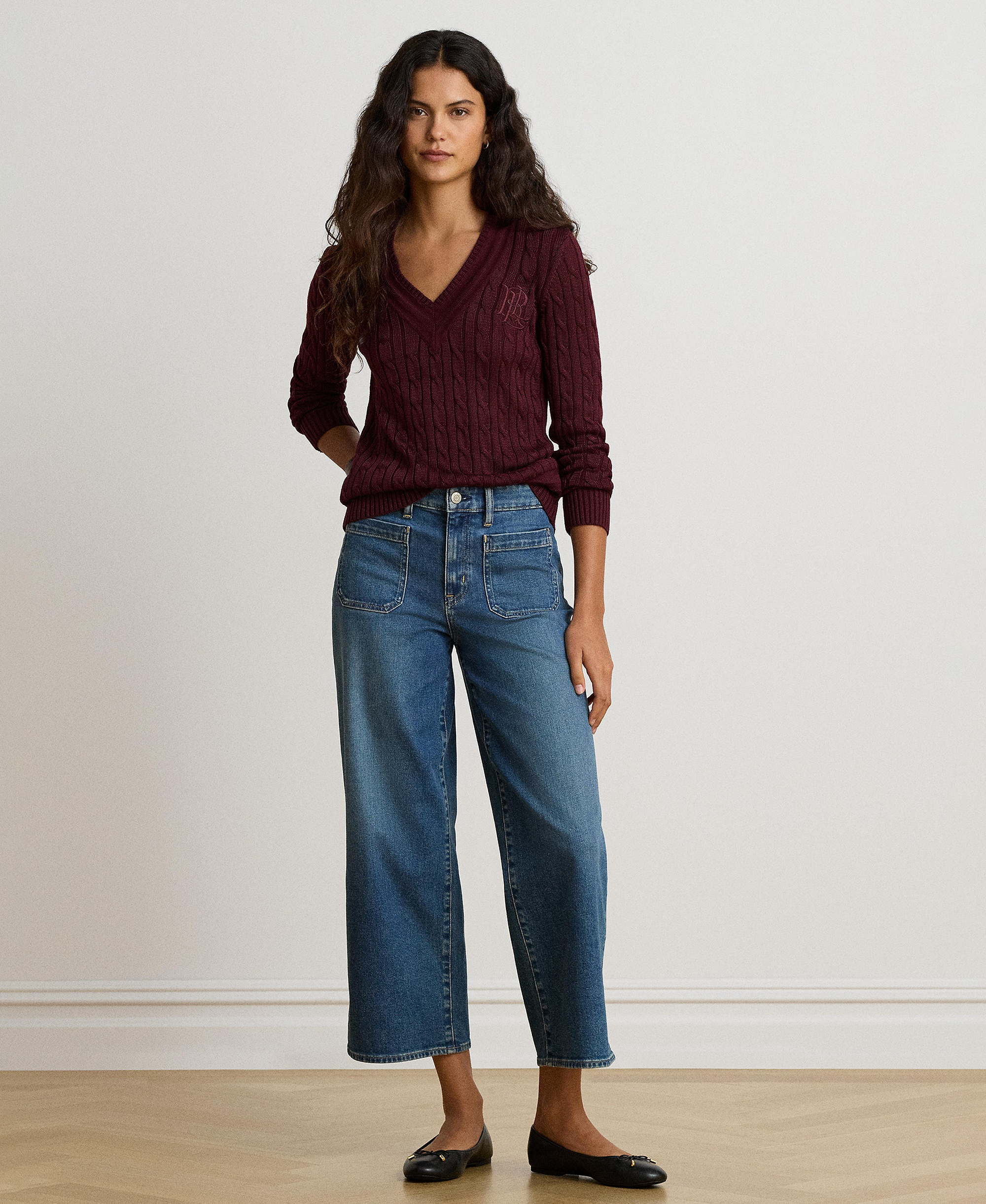 Lauren Ralph Lauren Women's Long-Sleeve V-Neck Cable Knit Sweater - Dark Garnet
