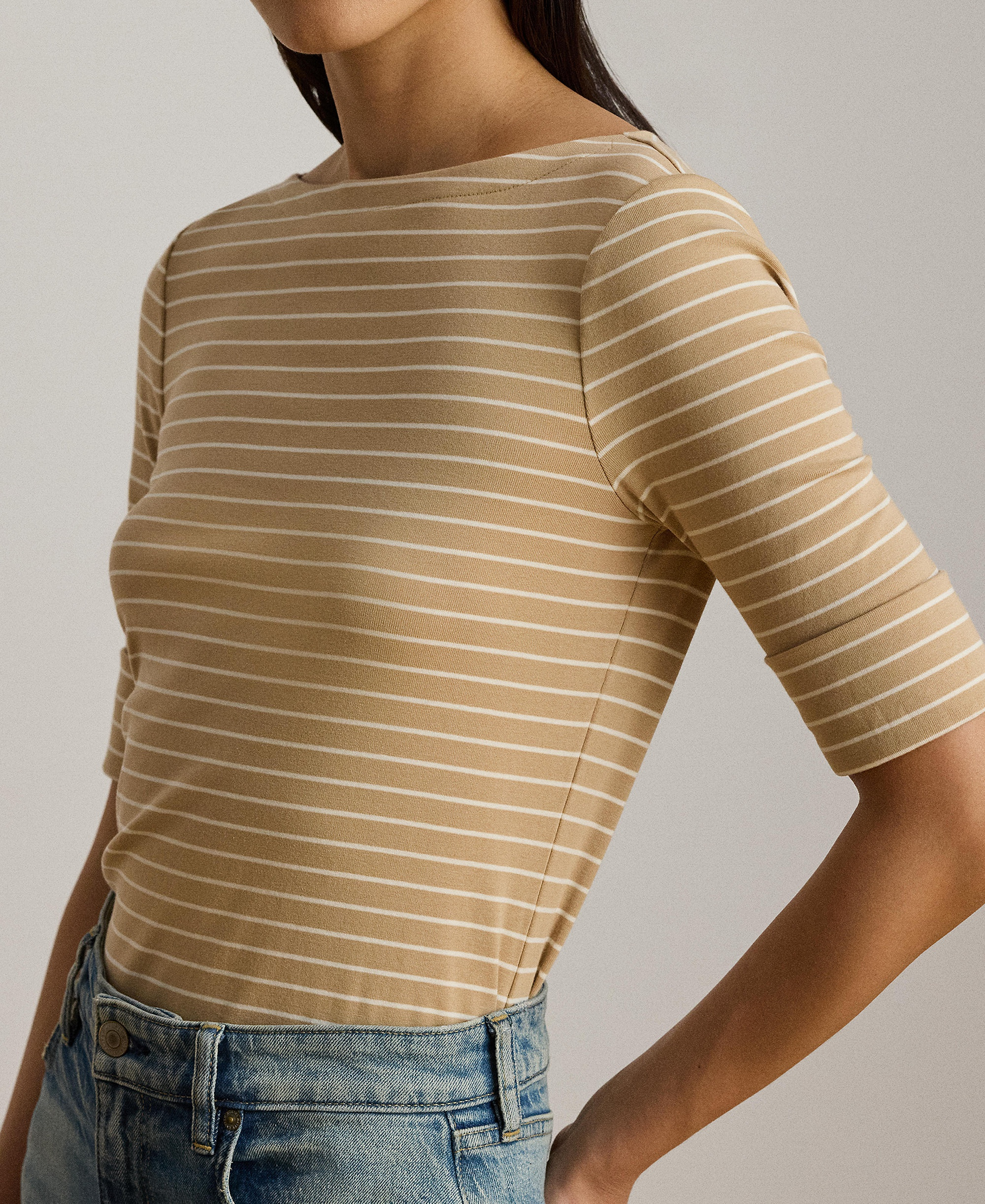 Lauren Ralph Lauren Women's Striped Boat Neck Top - Birch Tan/mascarpone Cream