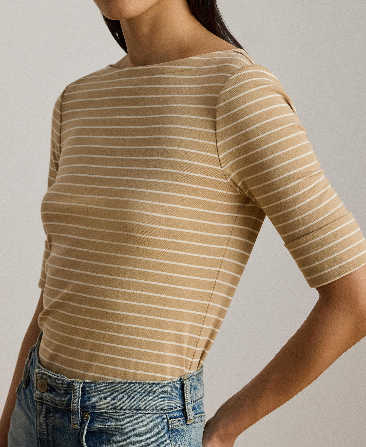 Lauren Ralph Lauren Women's Striped Boat Neck Top - Birch Tan/mascarpone Cream