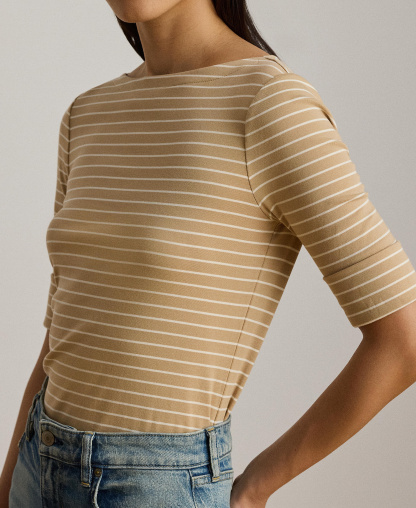 Lauren Ralph Lauren Women's Striped Boat Neck Top - Birch Tan/mascarpone Cream