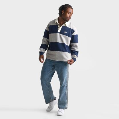 Men's adidas Originals Panel Cut Striped Rugby Shirt - Medium Grey Heather/Collegiate Navy