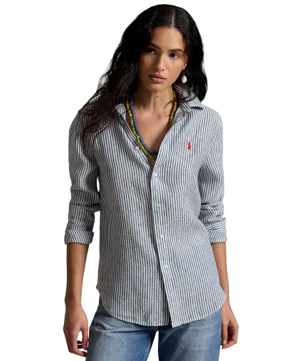 Polo Ralph Lauren Women's Classic-Fit Striped Linen Shirt - Navy/White