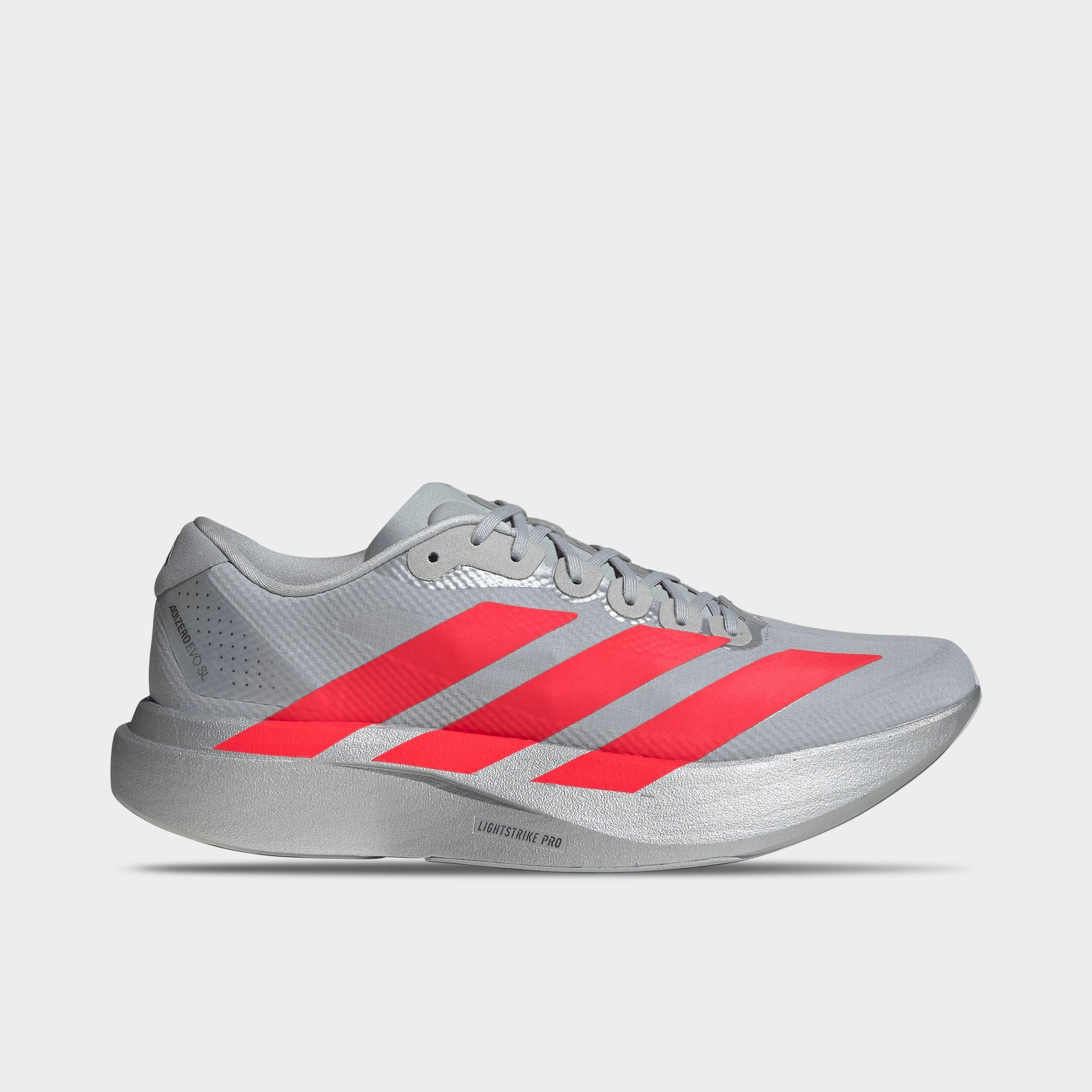 Men's adidas Adizero EVO SL Woven Running Shoes - Part 1 - Silver Metallic/Lucid Red/Iron Metallic - Left shoe facing left. Outside of the shoe.