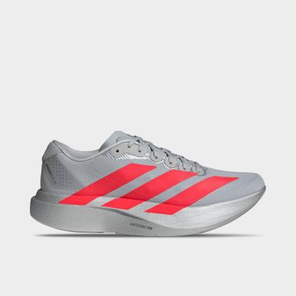 Men's adidas Adizero EVO SL Woven Running Shoes - Part 1 - Silver Metallic/Lucid Red/Iron Metallic - Left shoe facing left. Outside of the shoe.