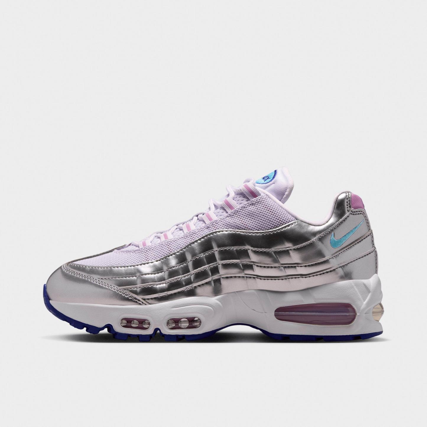 Women's Nithtke Air Max 95 Big Bubble Casual Shoes - Part 1 - Chrome/Barely Grape/Light Magenta/Lagoon Pulse - Left shoe facing left. Outside of the shoe.