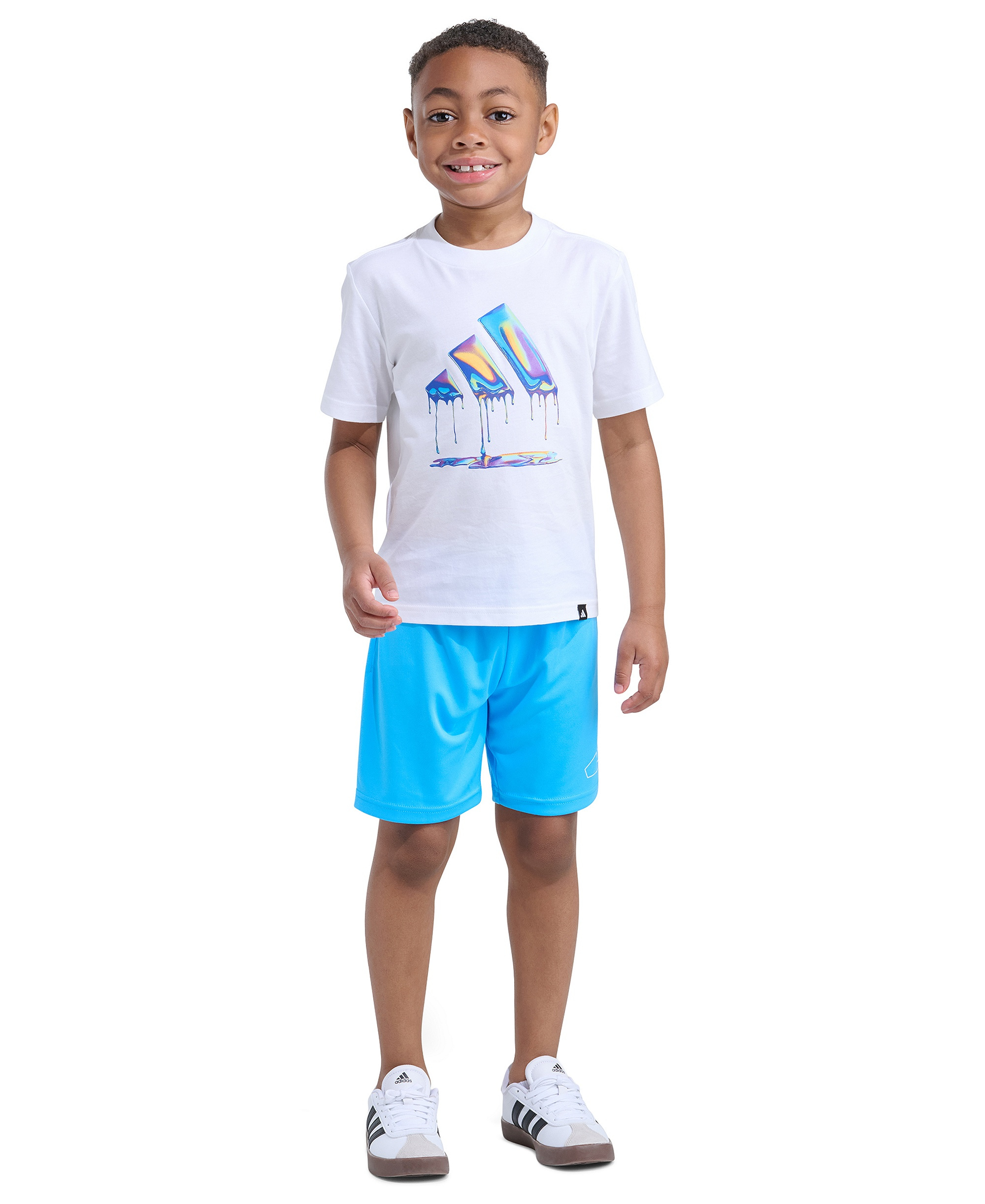 adidas Boys' 2T-7 Essential Graphic T-Shirt and Shorts, 2-Piece Set - White w/Blue