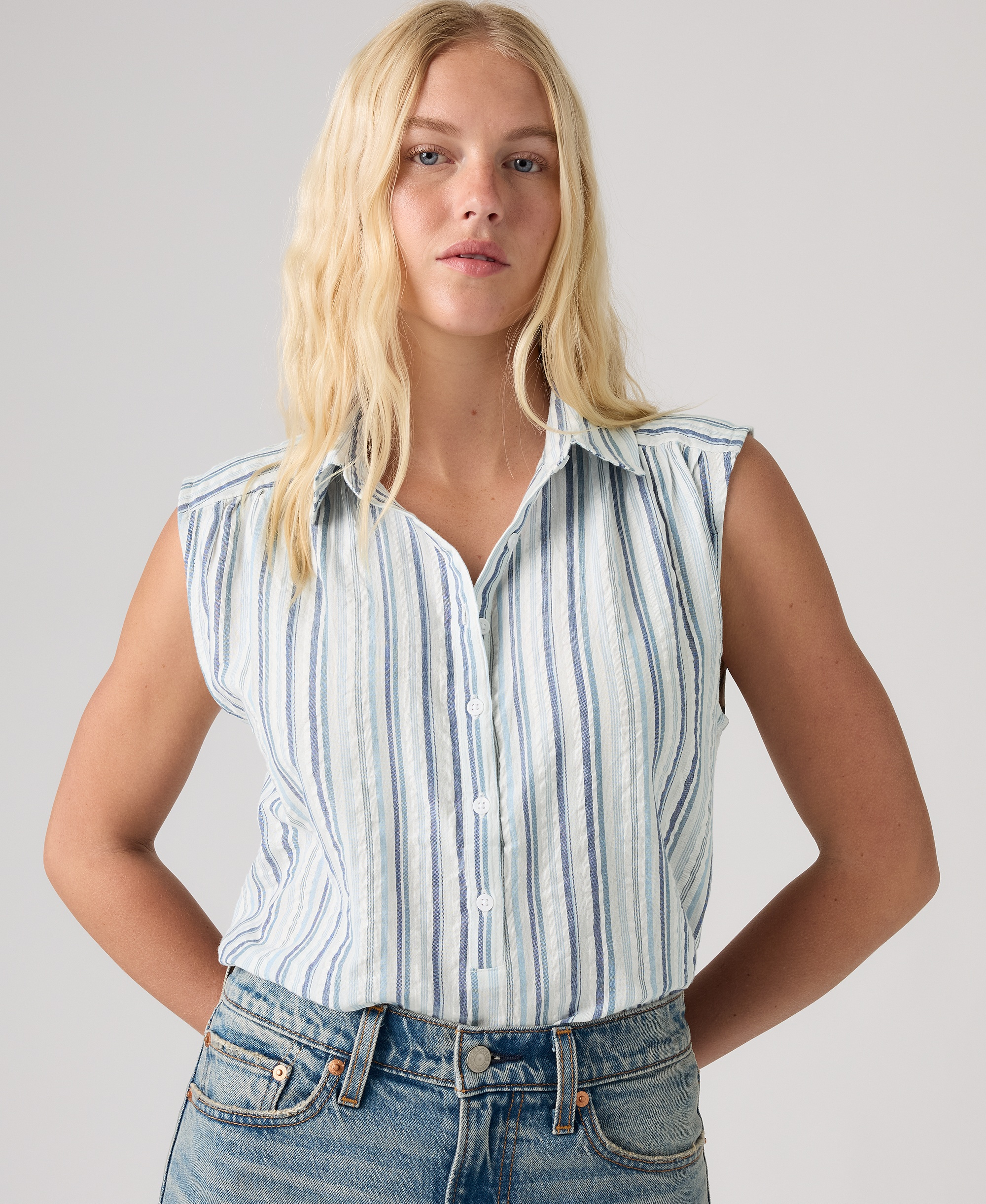 Levi's Women's Londynn Point Collar Relaxed-Fit Top - Rhonda Stripe Glacier Lake