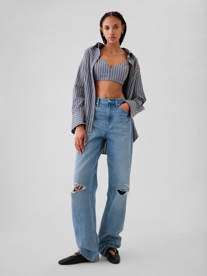 Organic Cotton Poplin Stripe Big Shirt - Blue and green stripe