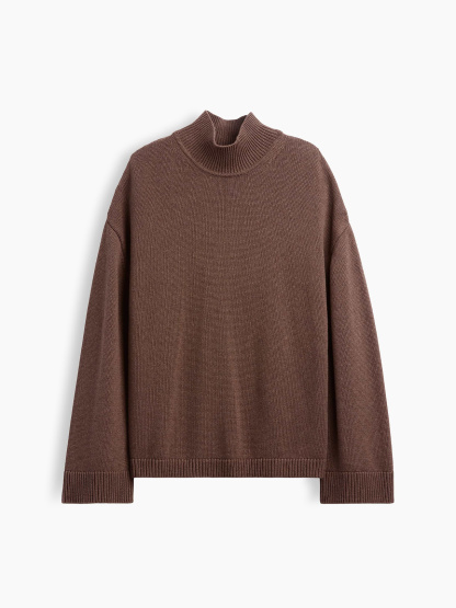 100% Cotton Oversized Mockneck Sweater - Cool brown heather