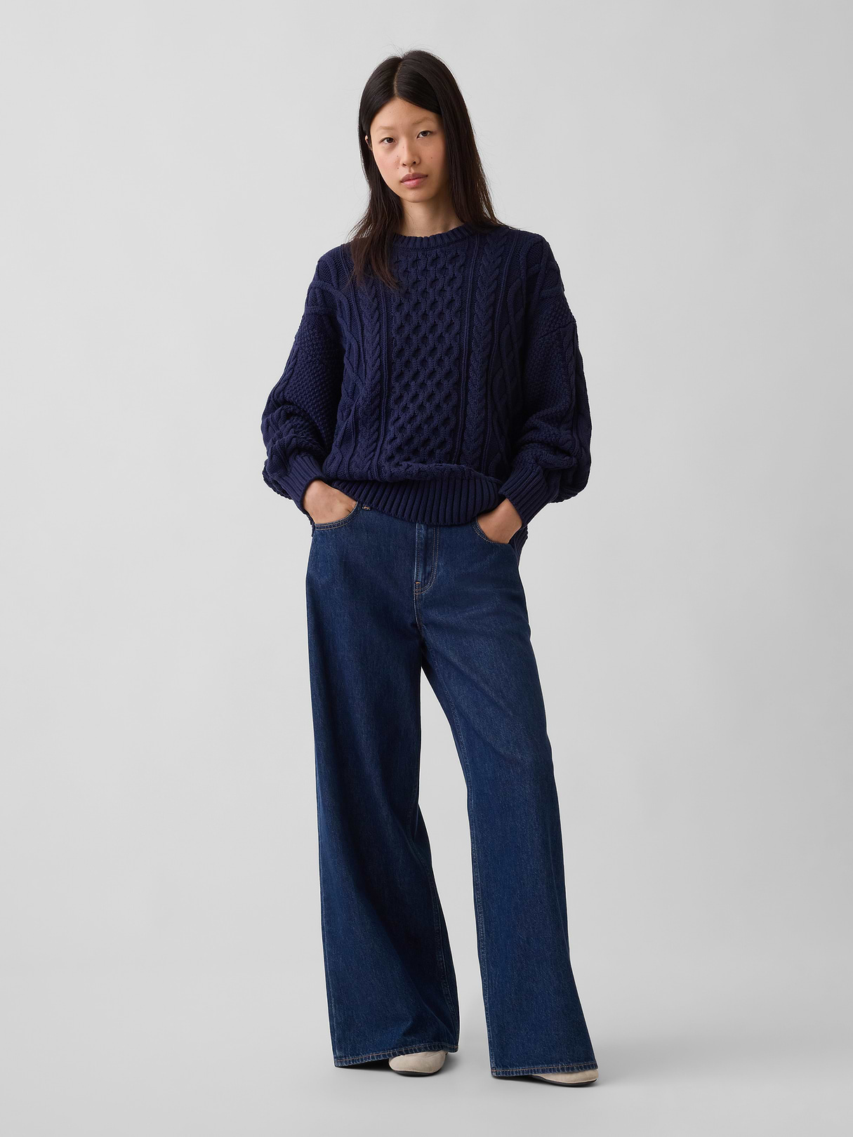 100% Cotton Cable-Knit Oversized Sweater - Navy blue uniform