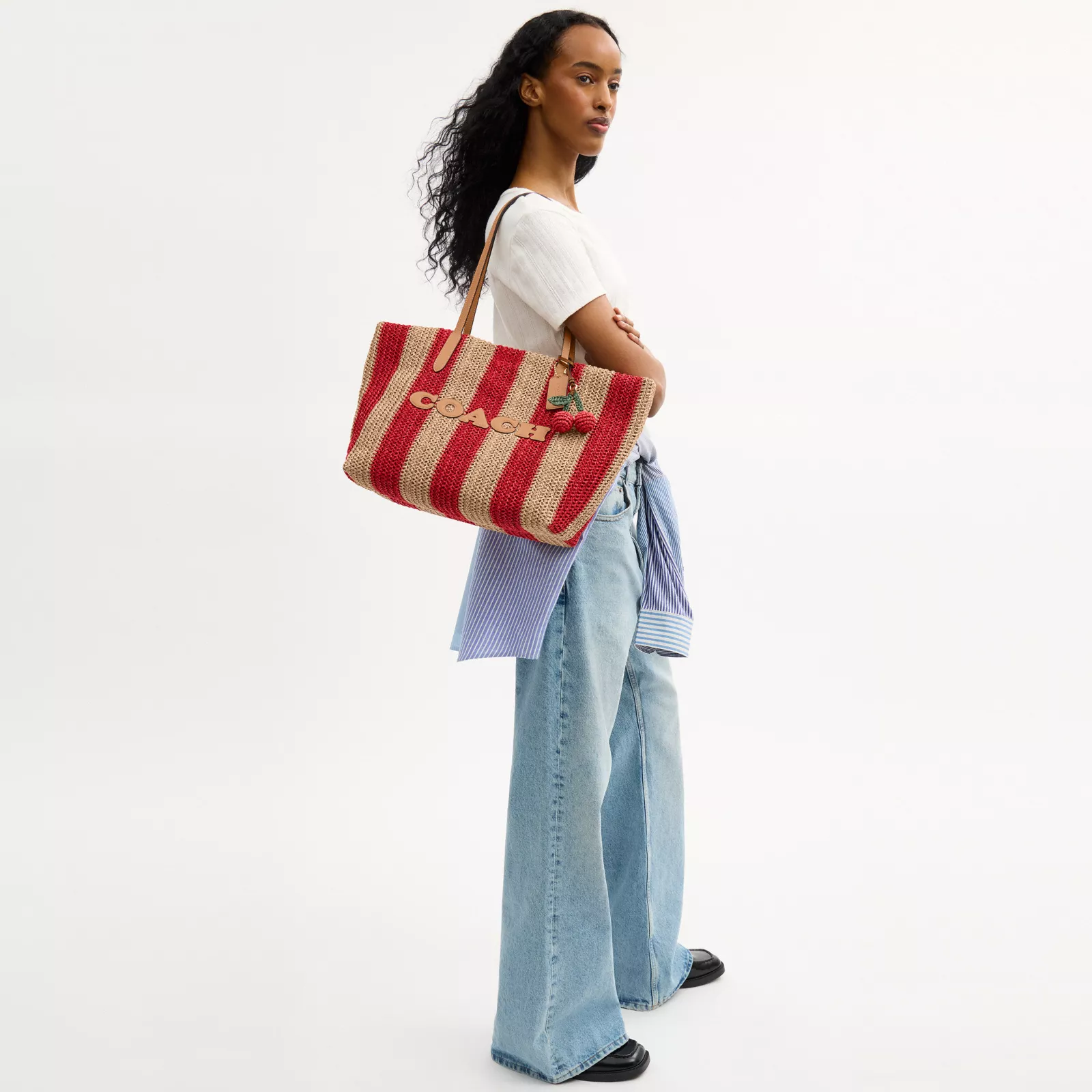 City Tote Bag With Stripes And Charm - Gold/Red/Tan - view 2