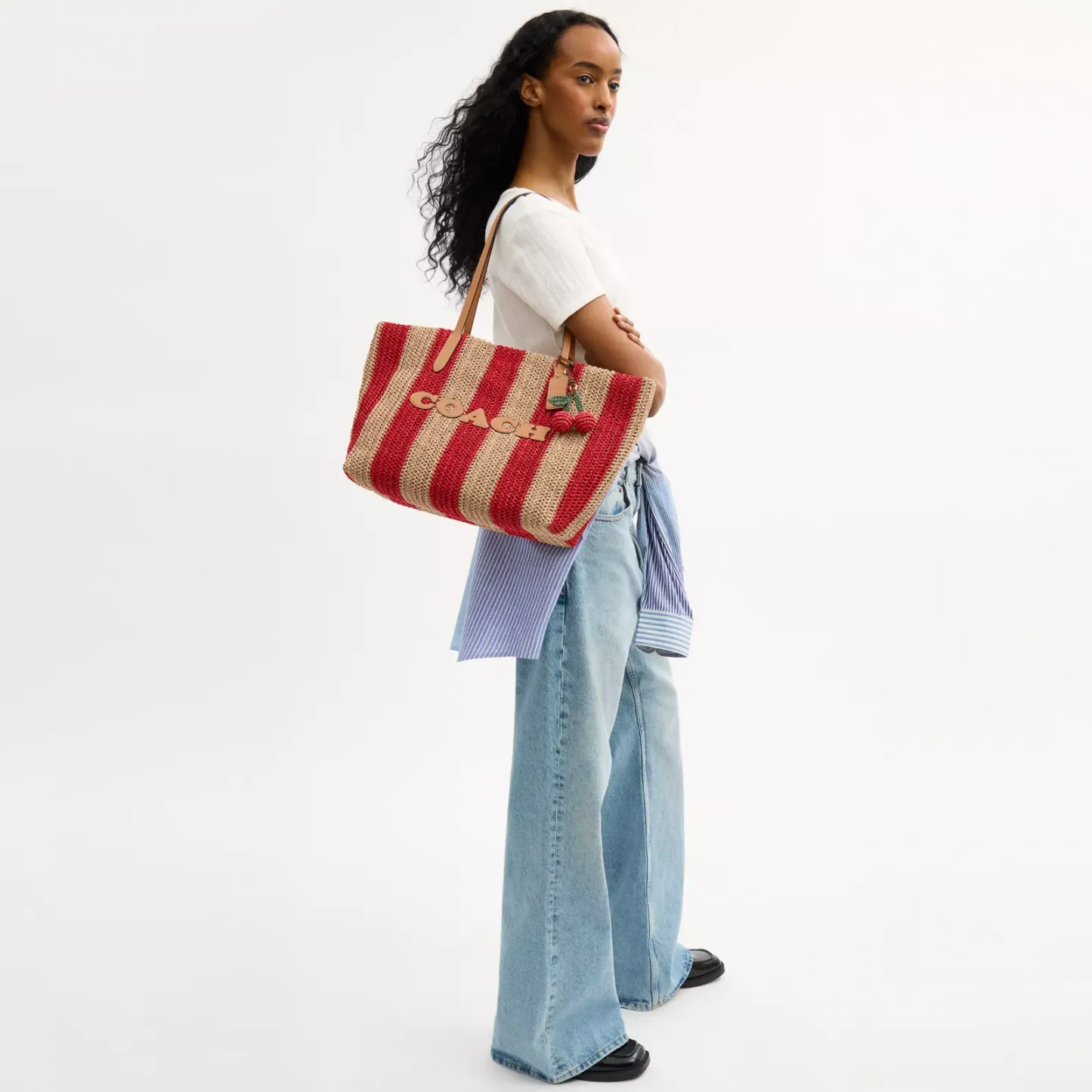 City Tote Bag With Stripes And Charm - Gold/Red/Tan - view 2