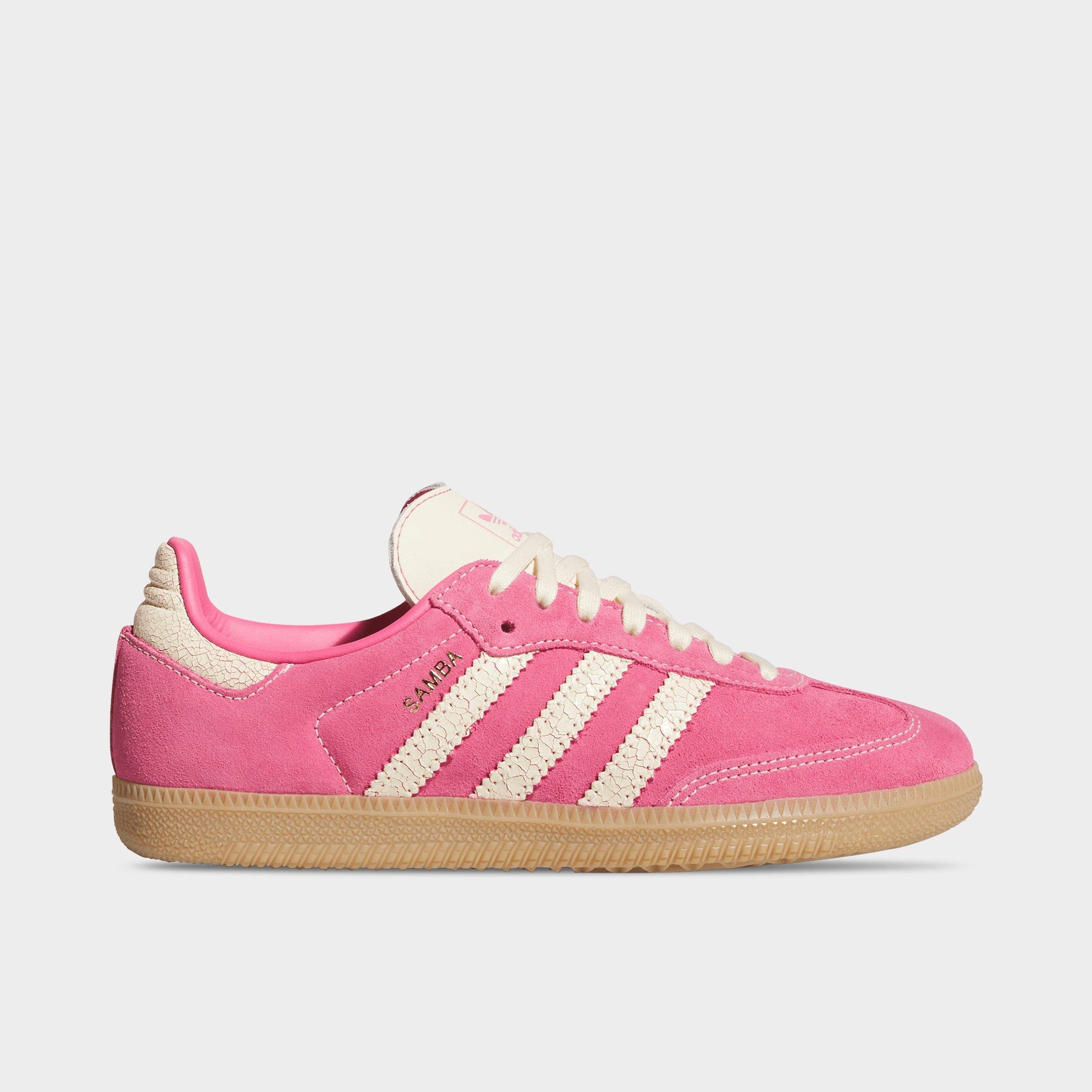 Big Kids' adidas Originals Samba OG Casual Shoes - Part 1 - Pink Fusion/Warm Vanilla/Gum - Left shoe facing left. Outside of the shoe.