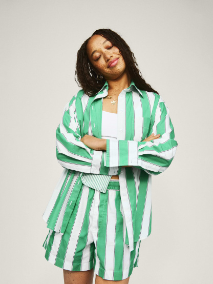 Organic Cotton Poplin Stripe Big Shirt - Green white stripe