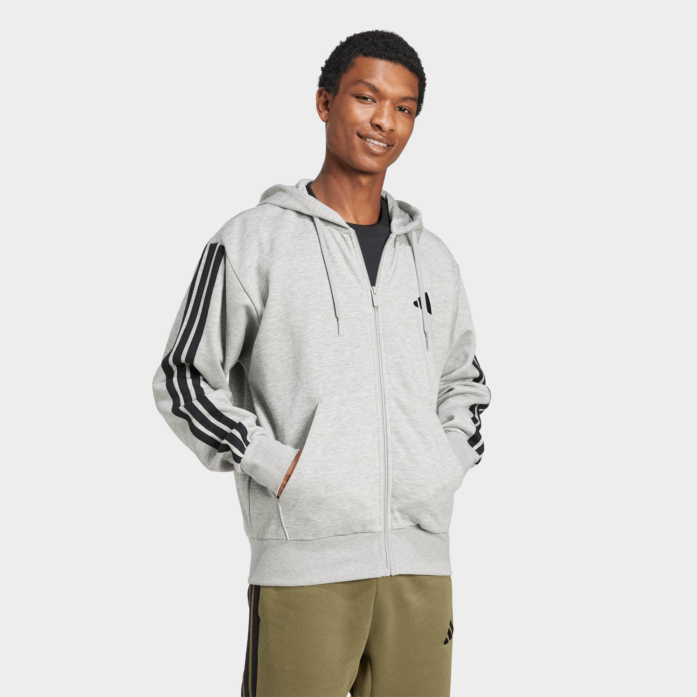 Men's adidas Essentials 3-Stripes Fleece Full-Zip Hoodie - Medium Grey Heather/Black