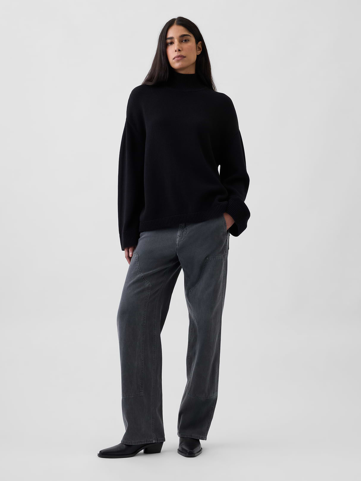 100% Cotton Oversized Mockneck Sweater - Black