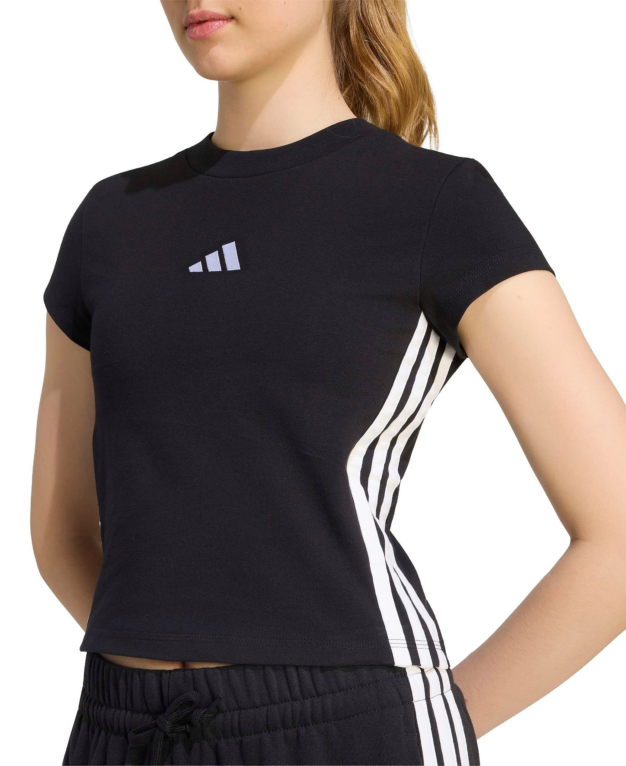 adidas Women's Essentials 3-Stripes Padded Slim Baby Cotton-Blend T-Shirt - Black/white