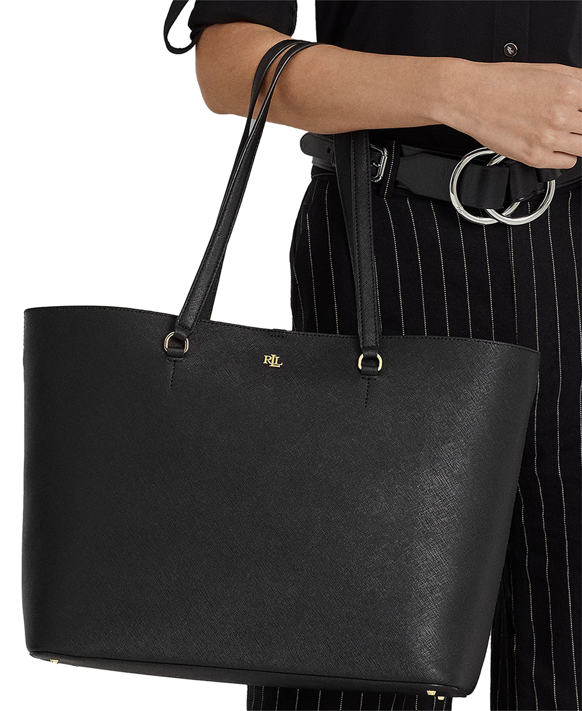Lauren Ralph Lauren Karly Crosshatch Leather Large Tote - Black
