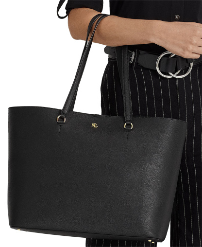 Lauren Ralph Lauren Karly Crosshatch Leather Large Tote - Black