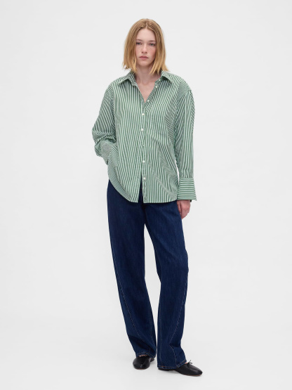 Organic Cotton Poplin Stripe Big Shirt - Green stripe