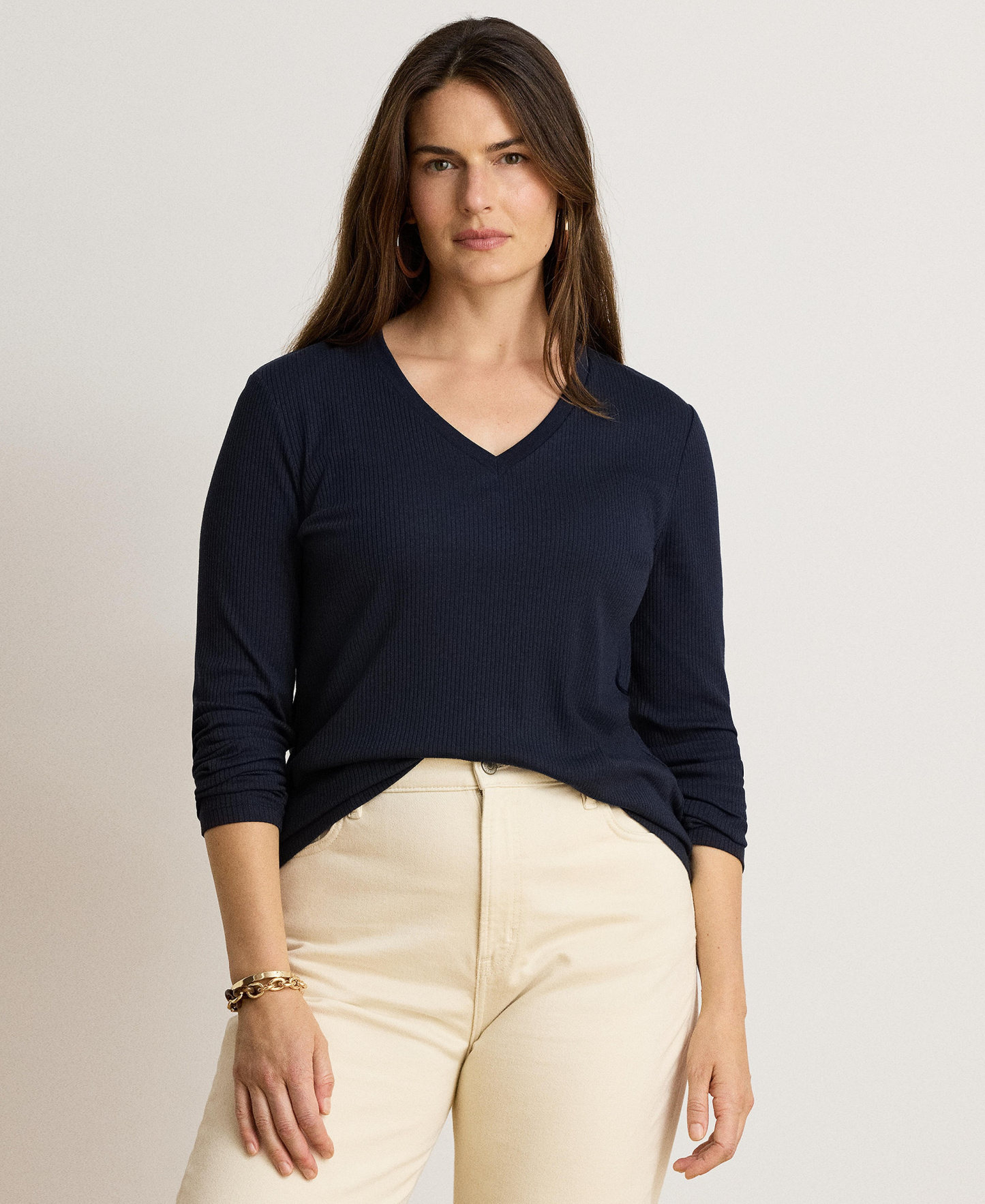 Lauren Ralph Lauren Women's Rib-Knit Long-Sleeve V-Neck Top - Lauren Navy