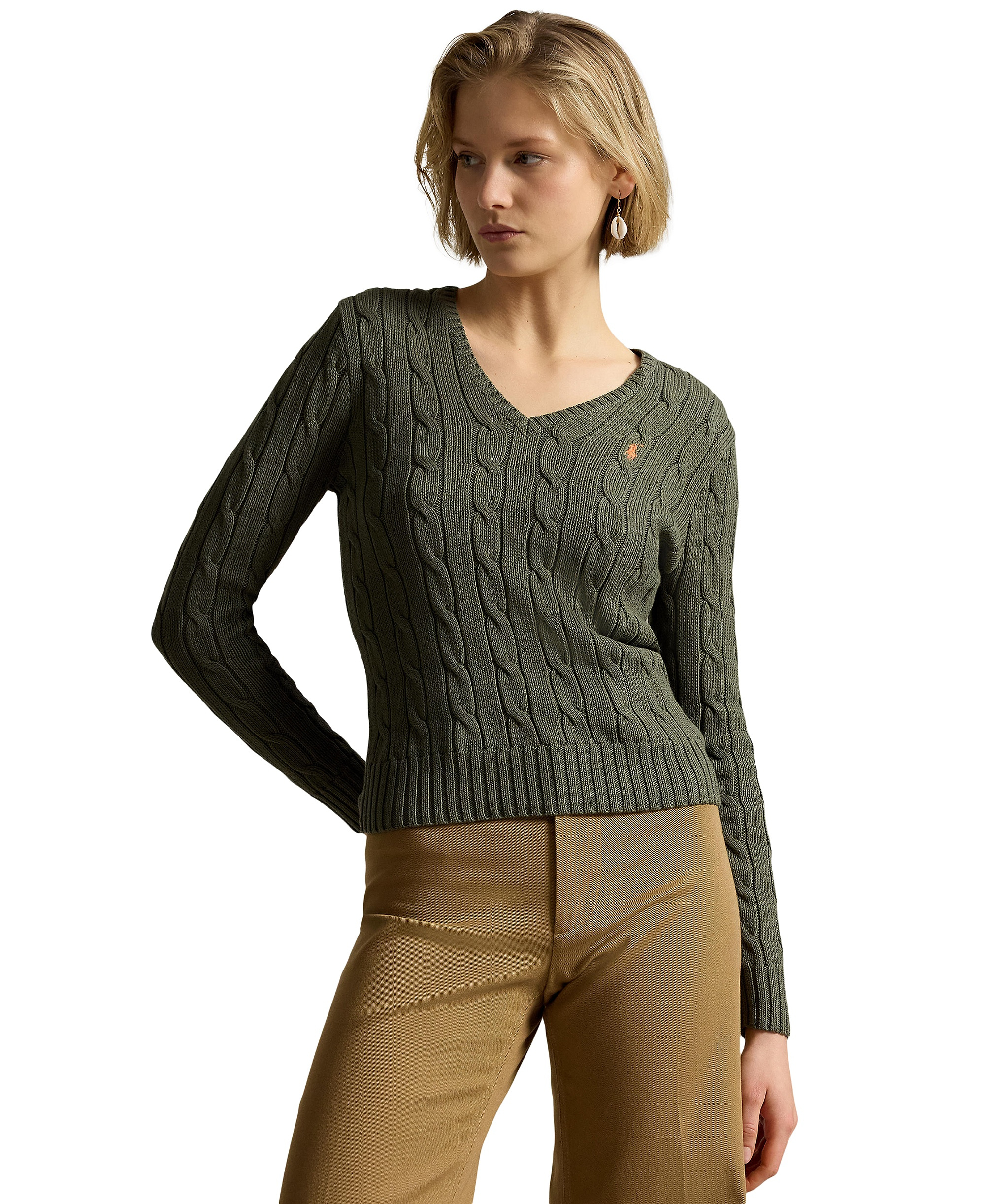 Polo Ralph Lauren Women's Cable-Knit Cotton V-Neck Sweater - Dense Olive