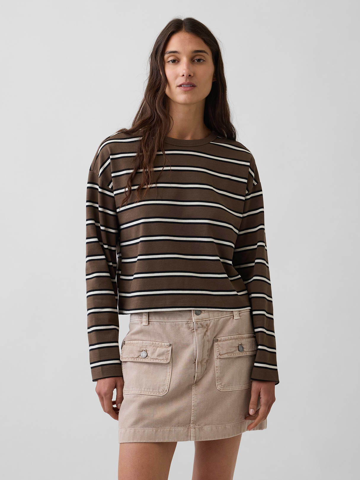 Knit Oversized Crop T-Shirt - Brown & off white stripe