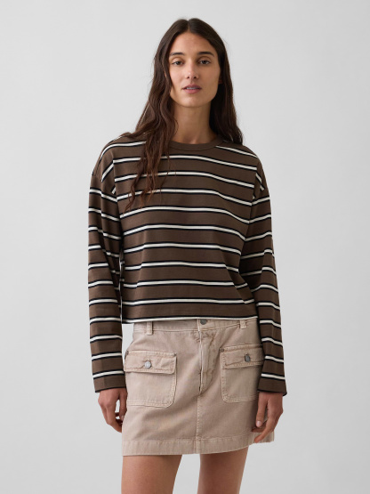 Knit Oversized Crop T-Shirt - Brown & off white stripe