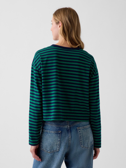 Knit Oversized Crop T-Shirt - Green stripe