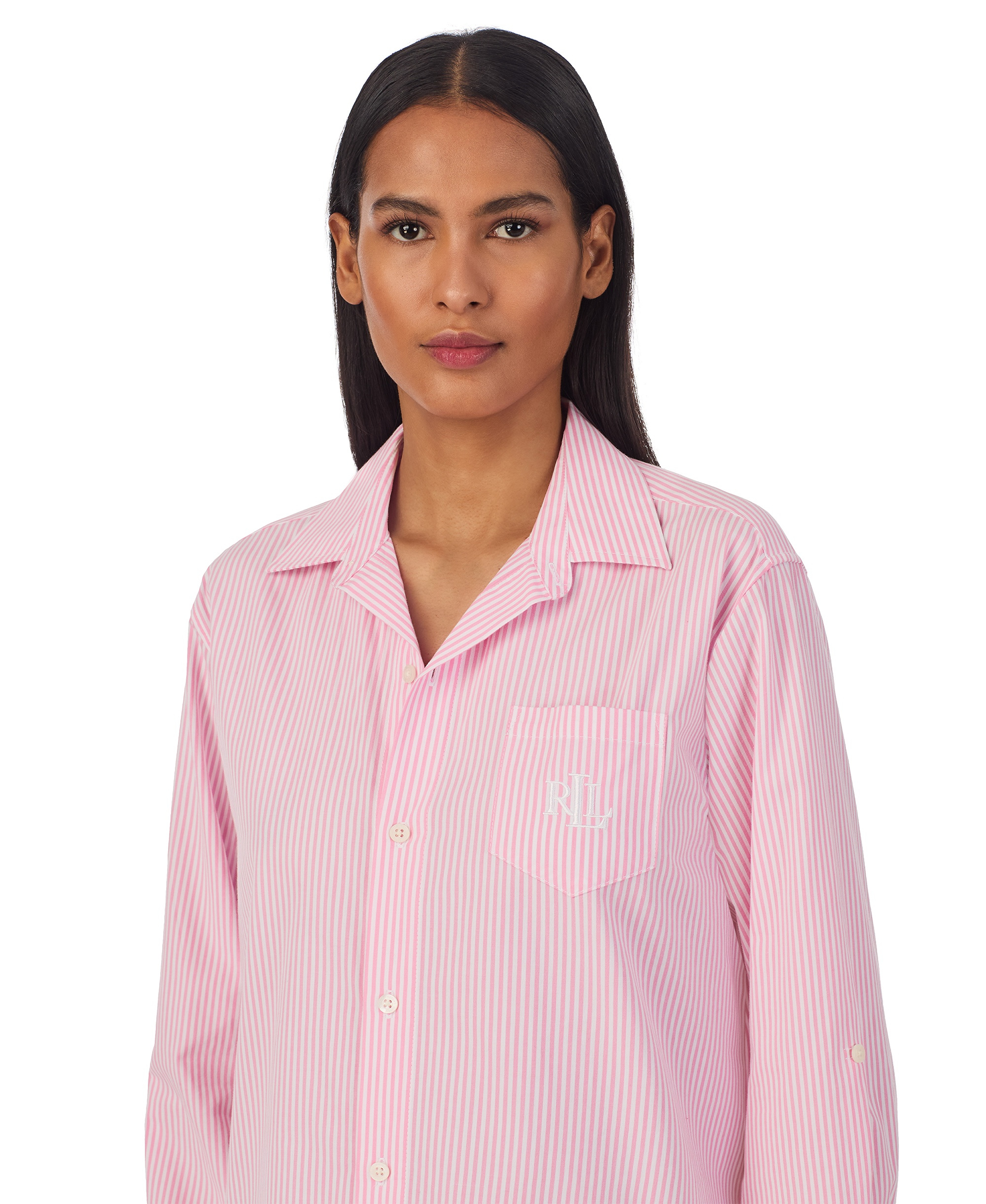 Lauren Ralph Lauren Women's Long-Sleeve Roll-Tab His Shirt Sleepshirt - Pink Stripe