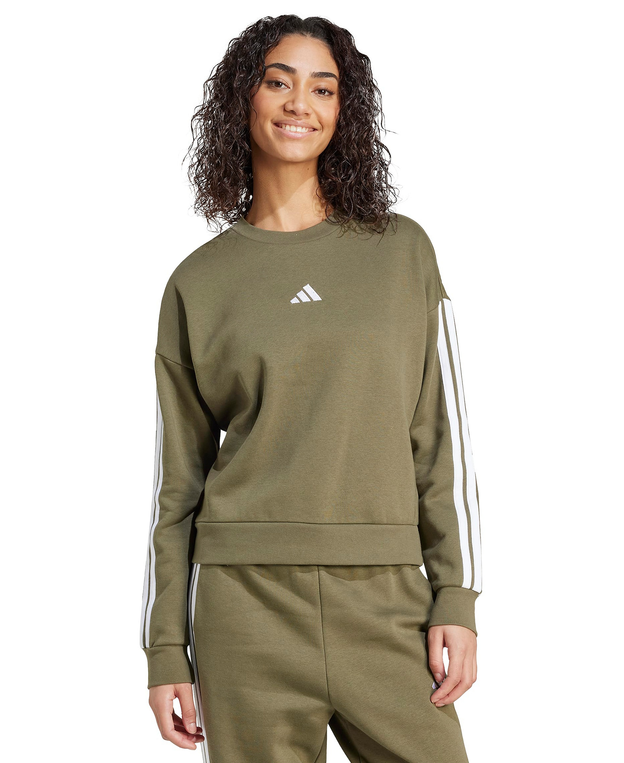 adidas Women's Essentials 3-Stripes Fleece Crew Neck Sweatshirt - Olive Strata