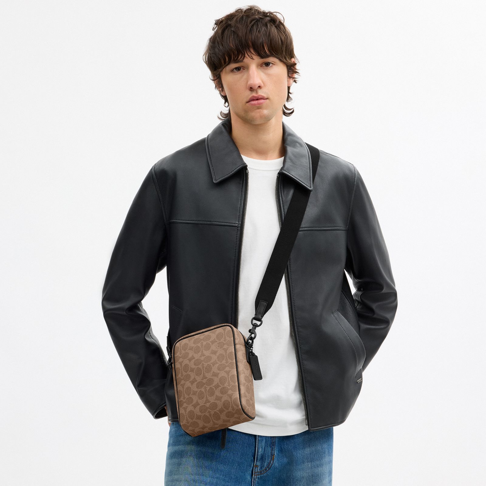 Tristan Crossbody Bag 14 In Signature Canvas - Matte Black/Tan Black - view 2